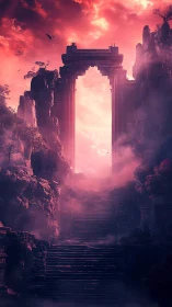 Vertical stone gateway rises through mist toward radiant sky