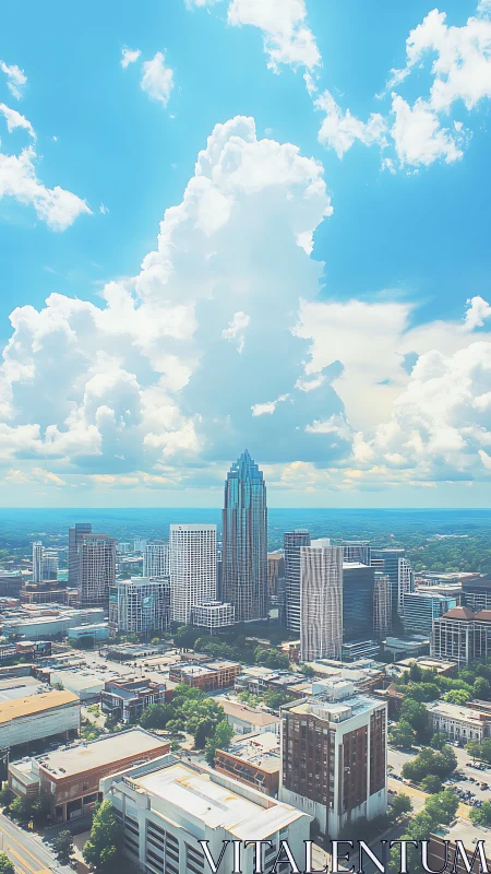 Sky-tall skyline crowned by a single glass-clad giant.