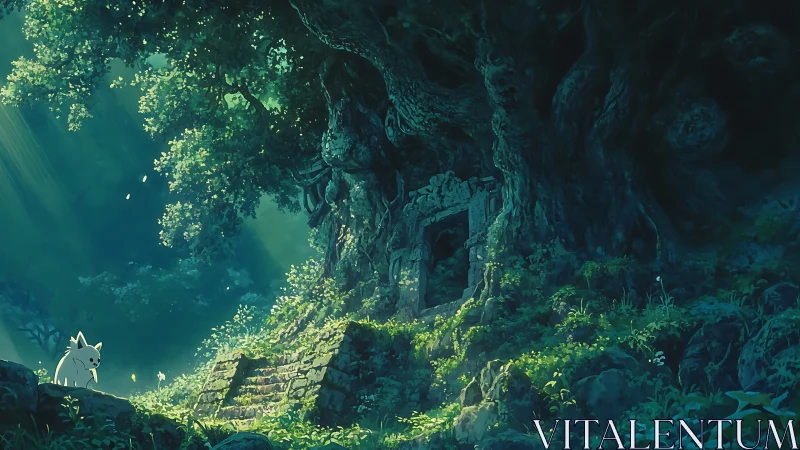 Forest ruin beneath ancient tree with small white creature.