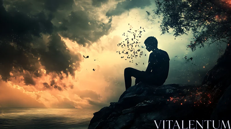 Silhouetted figure on coastal cliff framed by dramatic backlit clouds