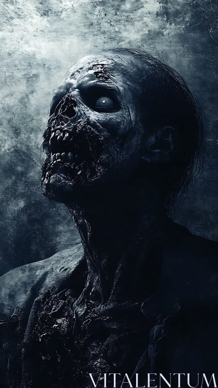 Decayed undead portrait in cold monochrome horror style.