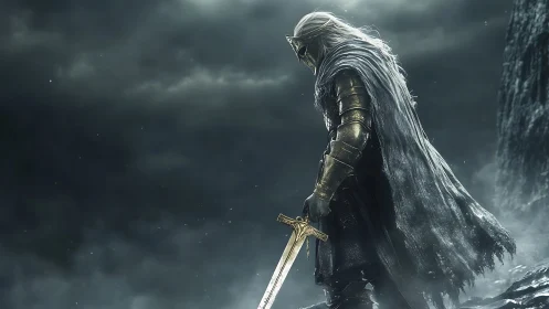 Storm-worn knight broods beneath thunder-laden fantasy skies.