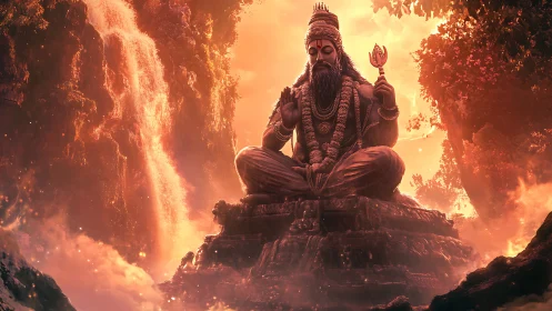 Digital painting of meditative deity amid cascading falls.