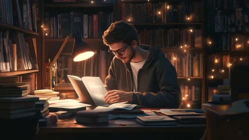 Focused student studies under warm task lighting amid dense bookshelves