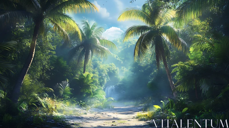 Tropical Jungle Sanctuary. Lush Valley Path Among Ancient Palms.
