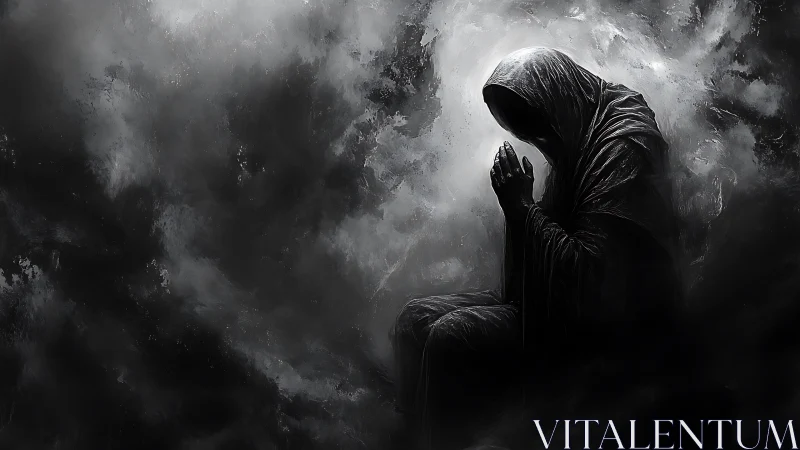 Monochrome cloaked figure in chiaroscuro digital painting.