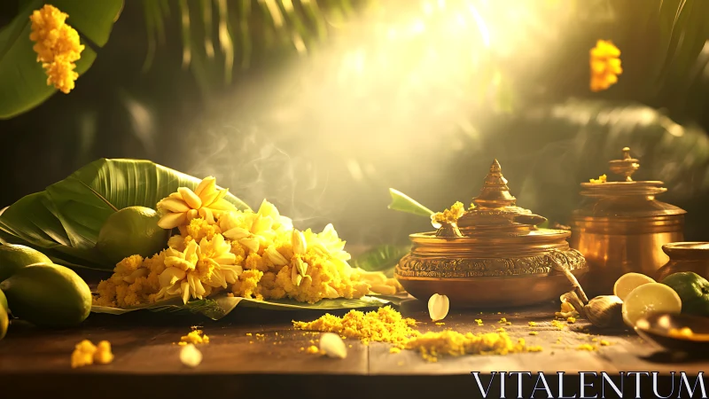 Sunlit Indian offering with marigolds and brass vessels.