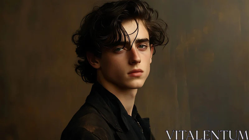 Young man in dark jacket against muted brown backdrop.