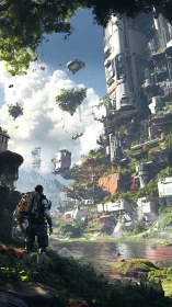 Solitary explorer before verdant floating megacity vista.