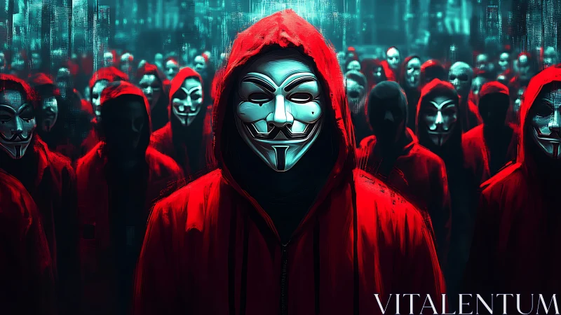 Hooded mask collective in neon-tinted cybernetic procession.