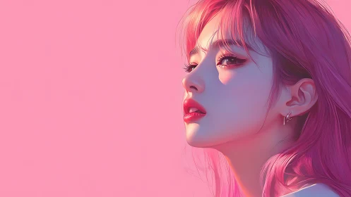 Dreamy pink portrait with soft light and thoughtful gaze.