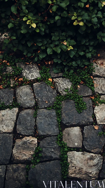 Stone path overgrown by lush groundcover and hedge