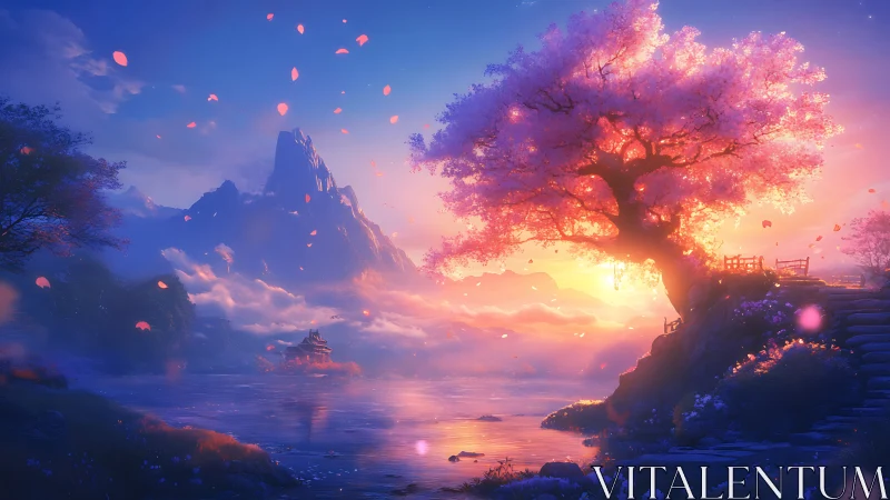 Sunlit cherry tree crowns tranquil misty mountain lake