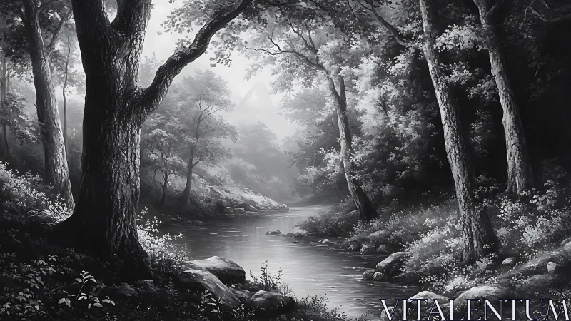 Monochrome forest river whispers through a mistlit valley.