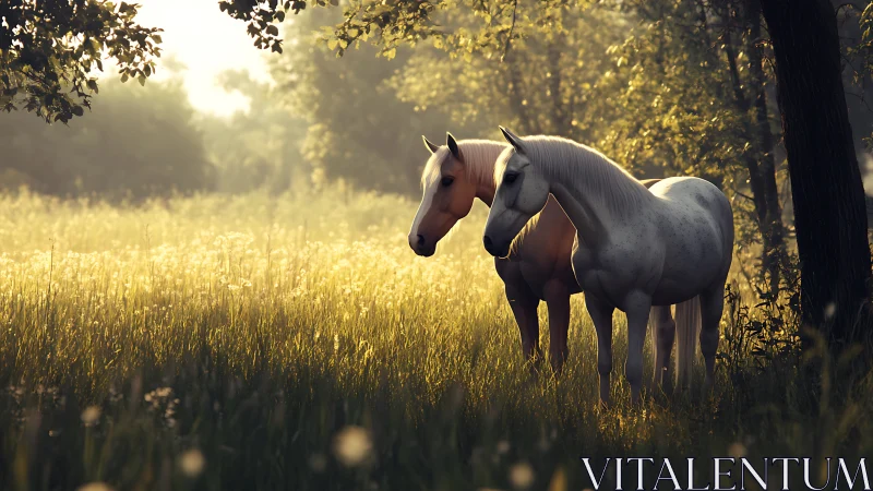 Gentle horses glowing in golden forest sunrise light.
