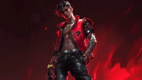 Rebel street hero in bold red jacket and glowing attitude.