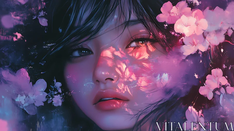 Digital painting portrait with ethereal floral light overlays.
