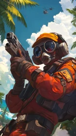 Tropical assault operative aims rifle under vivid sky.