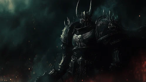 Dark warlord in spiked armor commands burning void.