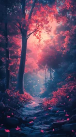 Crimson Forest Stream Glowing in Neon Sunset Light.