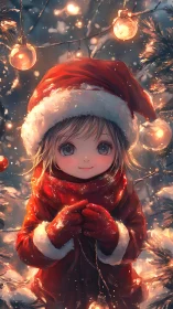 Cozy winter child in red Santa coat under twinkling lights.