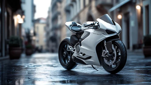 Streetlit phantom superbike pauses on rain-slicked cobbles tonight