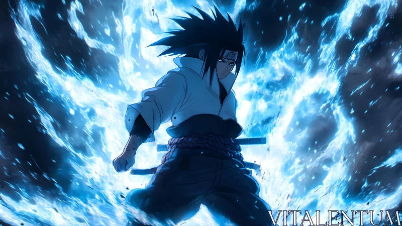 Anime swordsman stands amid intense blue energy surge