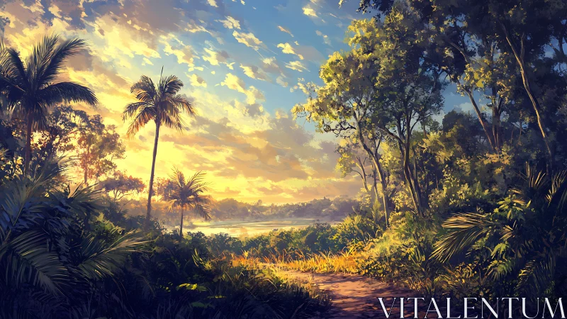 Tropical Landscape at Golden Hour with River