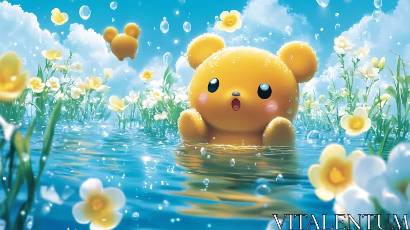 Sunlit bubble-bear splashing in a dreamy flower pond.
