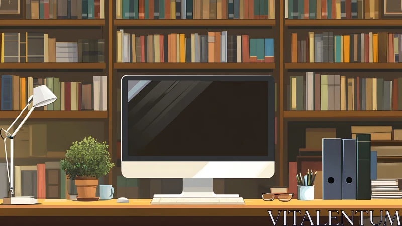 Cozy digital desk tucked into a book lover’s library nook.