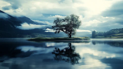 Solitary lakeside tree mirrored in tranquil atmospheric water