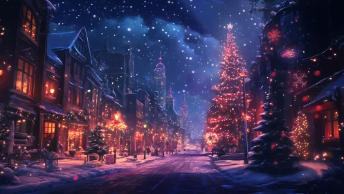 Snow-covered city street with illuminated Christmas trees at night.