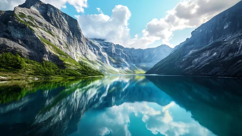 Calm mountain lake cradled by sunlit cliffs and soft clouds.