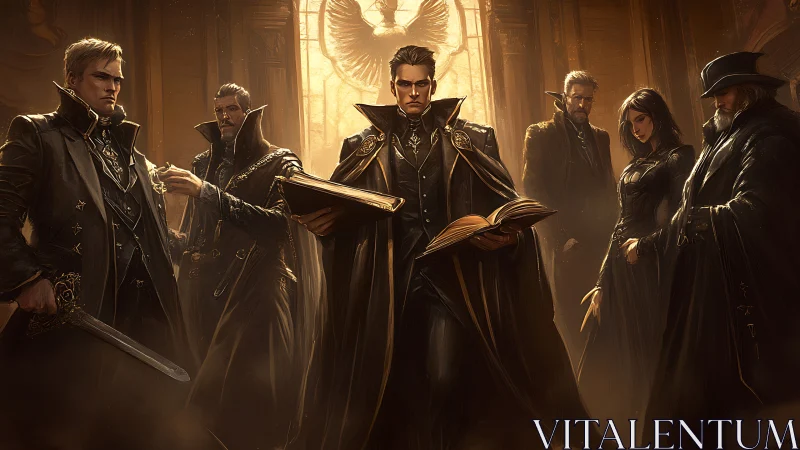 Grim scholars of the arcane court gather in emberlit hush.