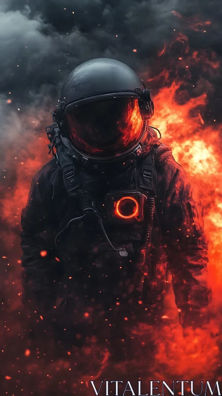 Astronaut in inferno-lit smoke with glowing chest core.