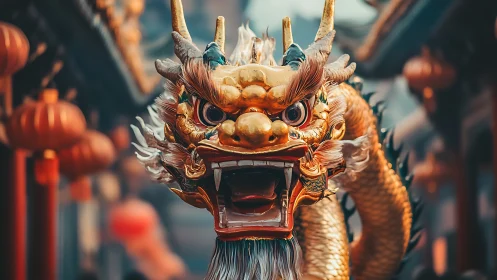Golden dragon head sculpture centered in shallow depth of field