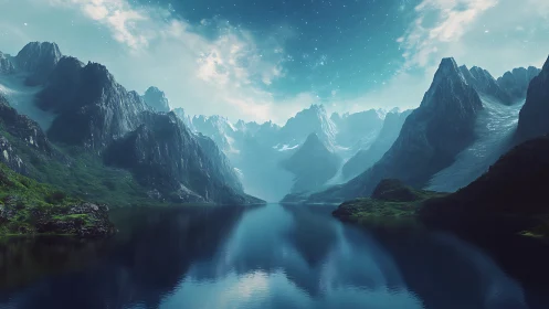 Glacial fjord under starry twilight sky with mirrored reflections