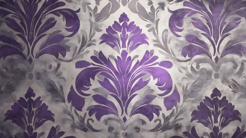 Purple damask floral pattern on textured gray background.