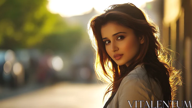 Sunlit portrait captures pensive woman in golden hour glow.