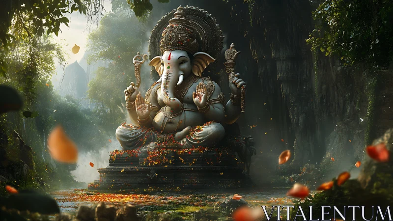 Ornate Ganesh stone sculpture in volumetric jungle light.