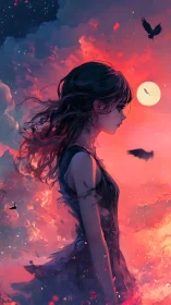 Solitary girl stands beneath a burning crimson twilight sky.