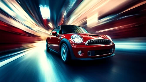 Red city cruiser racing through neon night streets.