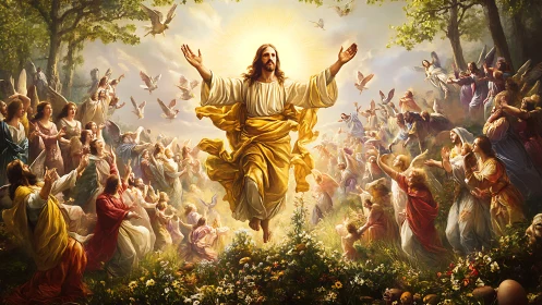 Radiant central figure ascending amid angels in vivid landscape