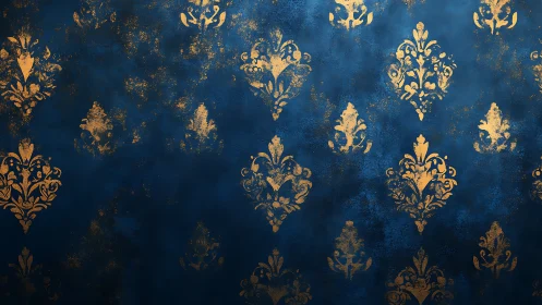 Ornate gold damask motifs on distressed indigo ground.