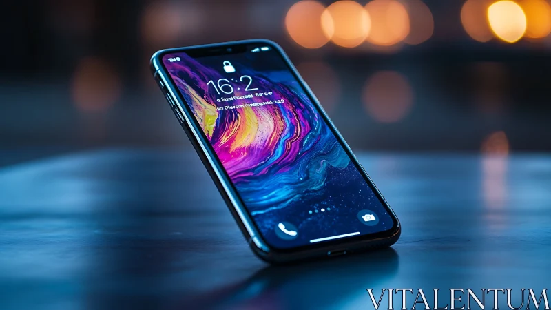 Modern smartphone displaying vibrant digital wallpaper.