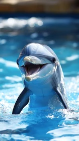 Playful dolphin rises from sparkling blue water joyfully.
