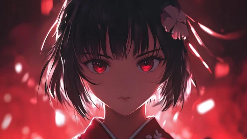 Crimson gaze girl in embers of night, quiet and unyielding.