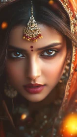 Blazing gaze of a jeweled bride wrapped in emberlight hush.