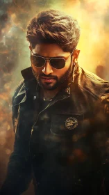 Cinematic portrait of man in leather jacket with warm backlight