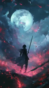 Lone swordsman confronts burning night beneath colossal moon.